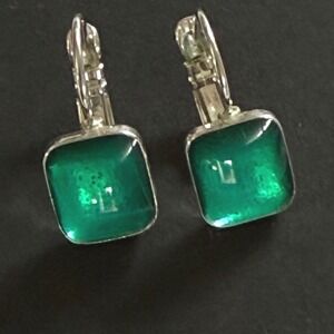 Vintage Skalli Paris Modernist Earrings - Green Enamel & Silver Tone - Signed